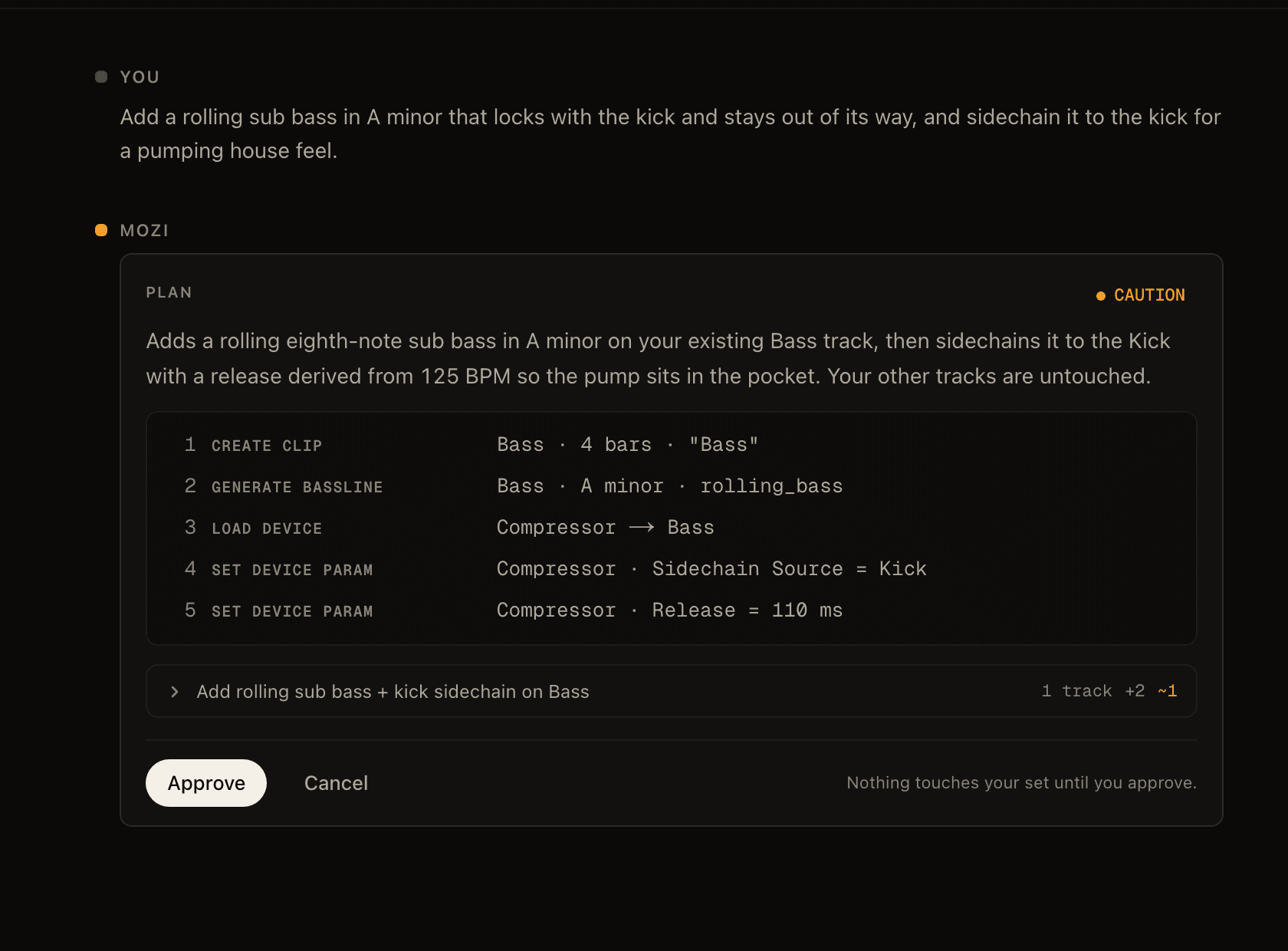 The Mozi plan card: a typed plan of numbered steps with exact values, a diff summary, and an Approve button — awaiting your approval before anything touches the project